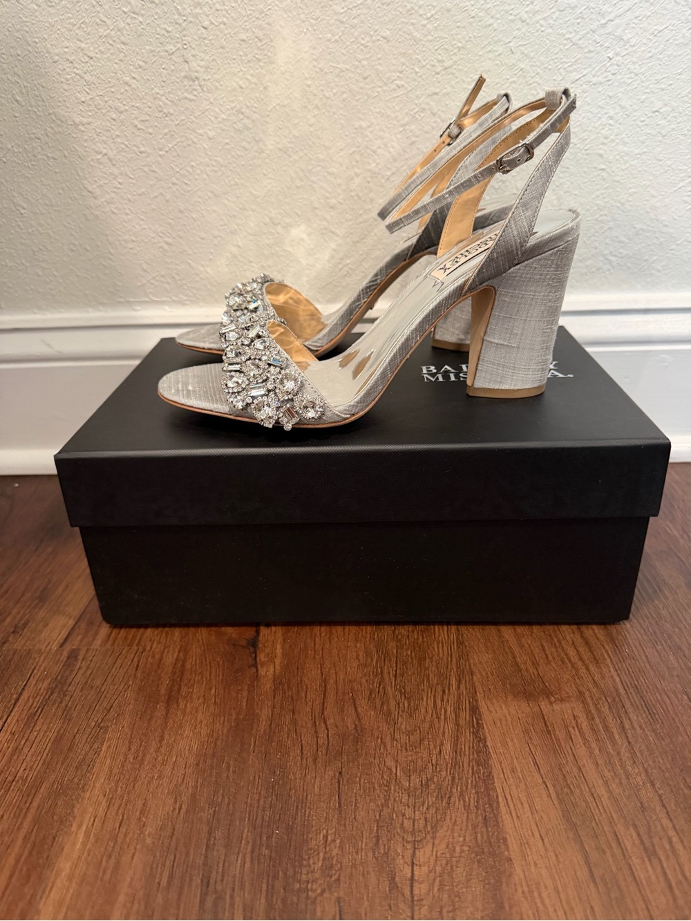 Badgley Mischka Silver Crystal-Embellished Open-Toe Block Heels